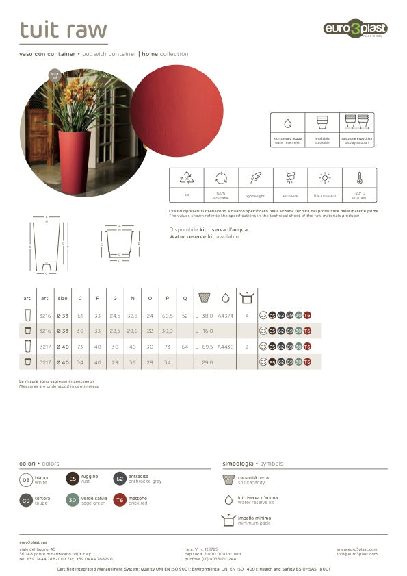 Vaso Alto da Esterno | Tuit Raw Euro3plast